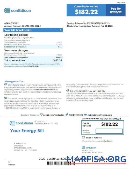 Printable USA NEW YORK CONEDISON utility bill Word and PDF template, version 2